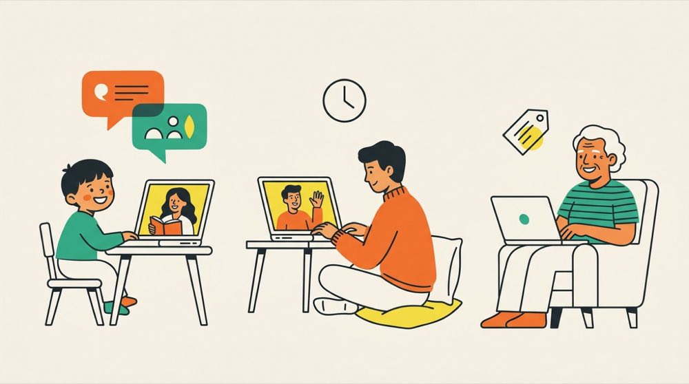 노트북 앞에서 화상영어 수업을 듣는 학생 일러스트